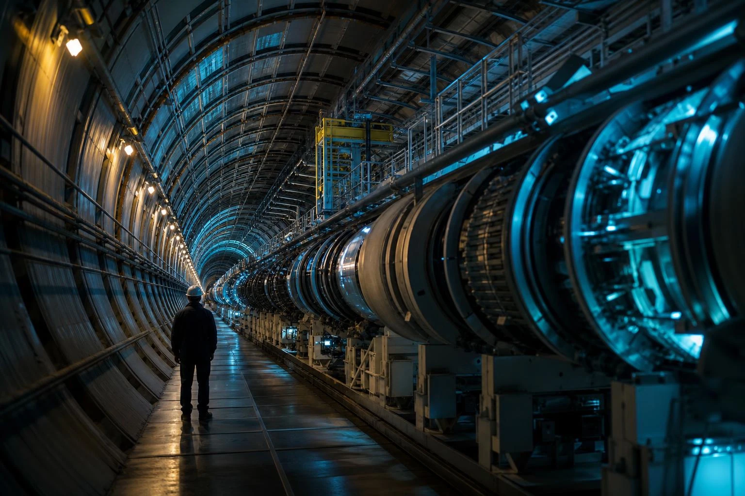 Illuminated scientific research tunnel with a technician in the distance