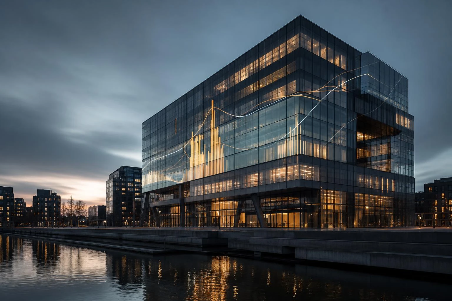Modern glass building in Ørestad illuminated at dusk