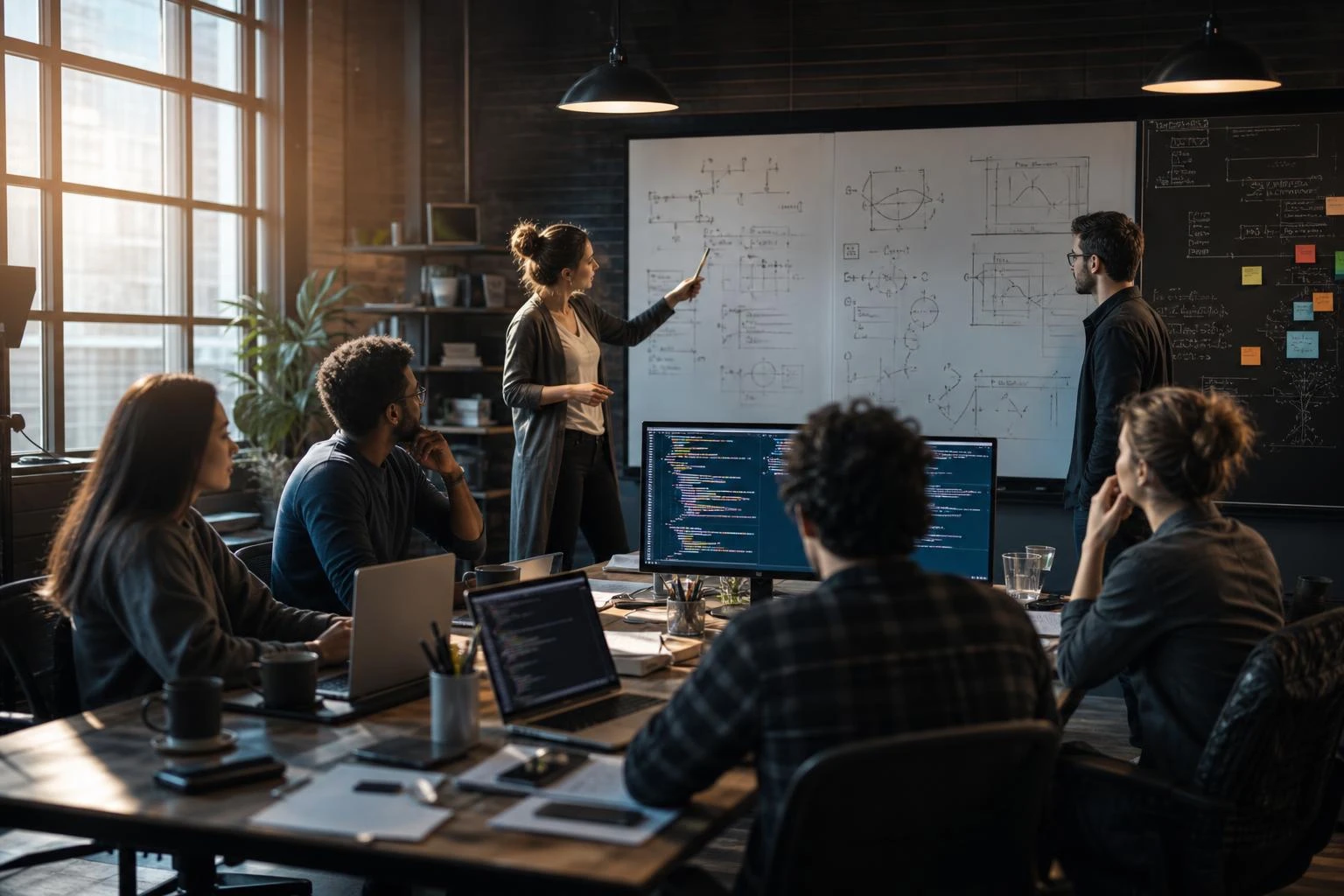 Software engineers collaborating during an advanced programming workshop
