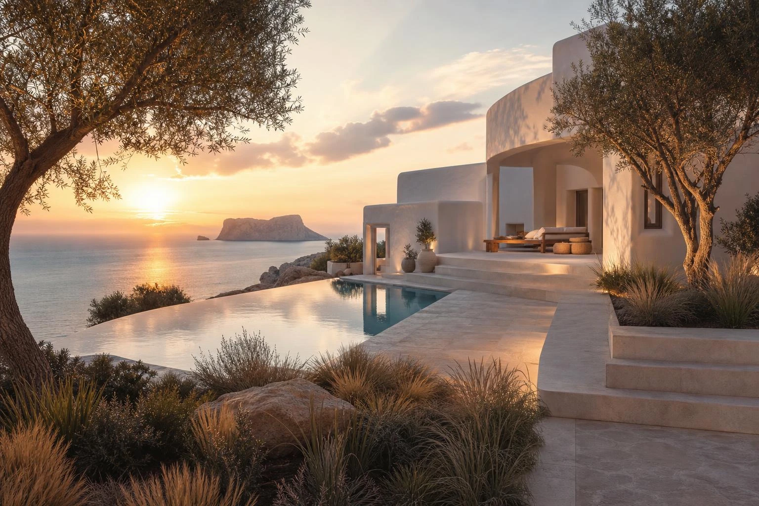 Luxury Ibiza villa overlooking the sea at sunset